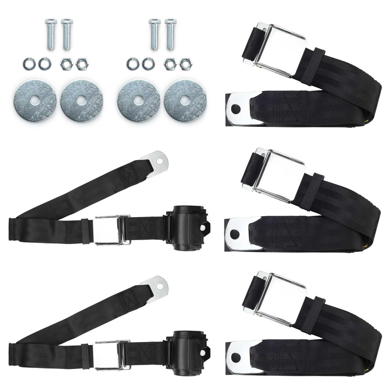 RetroBelt Aviation-Style 2-Point Lap Seat Belt Kit – 2 Retractable and 3 Fixed Belts for Classic Cars